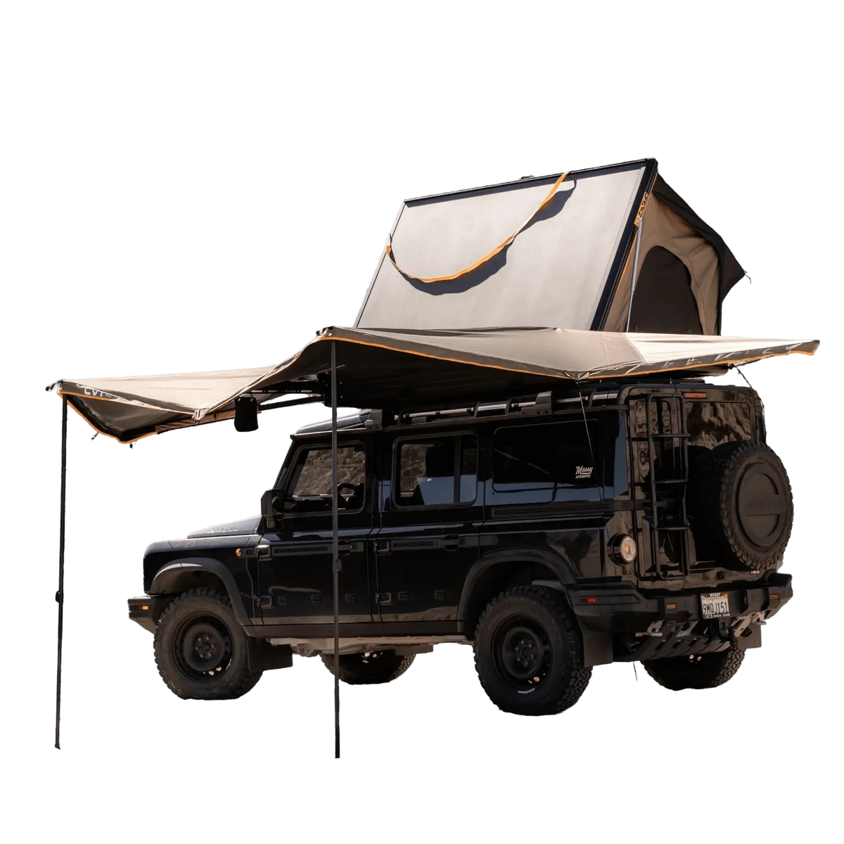 A black off-road SUV is outfitted for camping with a rooftop tent and the CVT 180 Degree Awning, both fully extended. The tent is open and the spacious CVT awning instantly provides shade along one side of the vehicle, creating a comfortable outdoor shelter for any adventure.