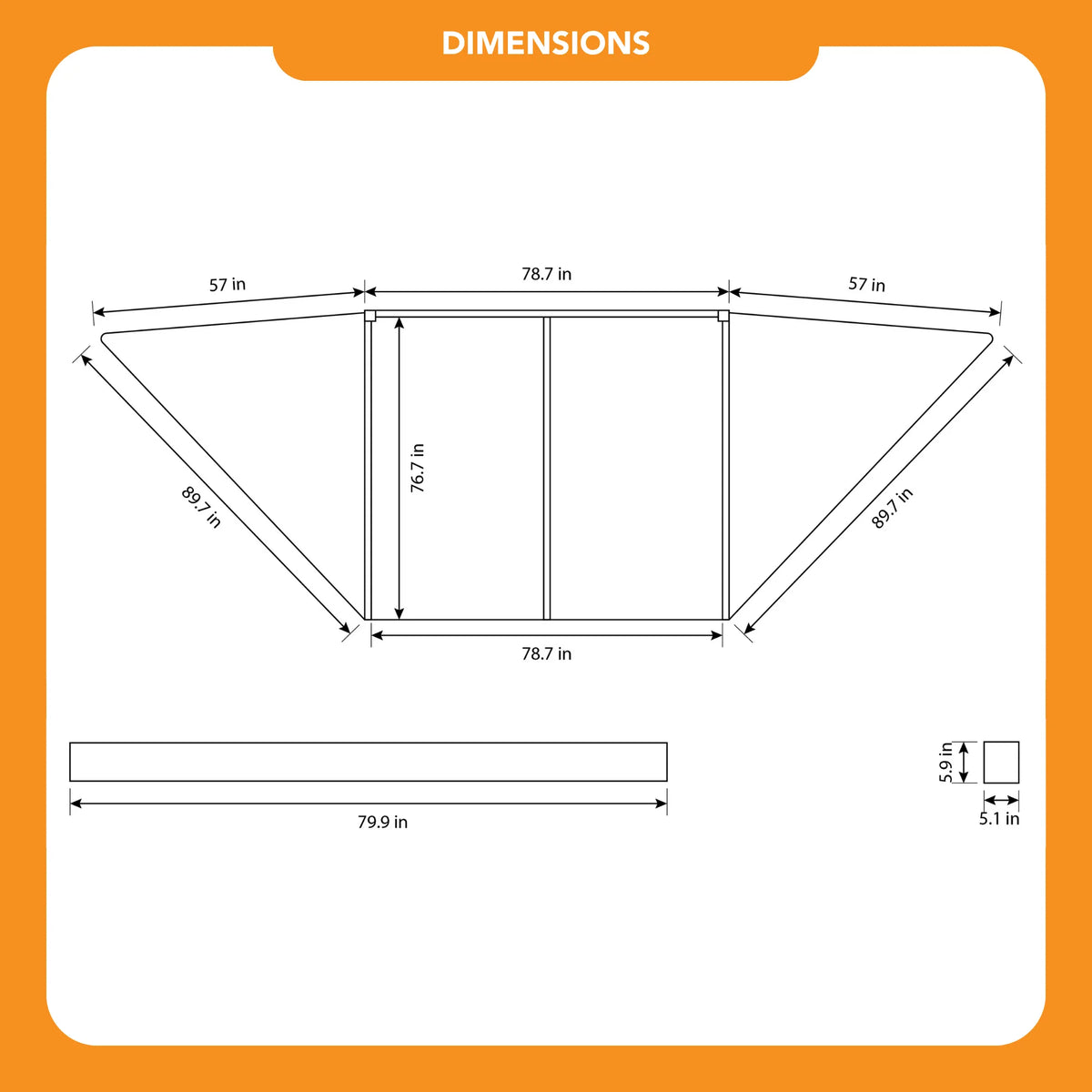 Here’s the rewritten sentence using your product data: Dimension diagram of the CVT 180 Degree Awning folding panel structure, ideal for creating instant outdoor shade. The center panel measures 78.7″W x 76.7″H, while each side panel is 57″ wide with an 89.7″ diagonal—perfect for configuring a versatile 180-degree awning setup. The included bar measures 79.9″ x 5.9″ x 5.1″.