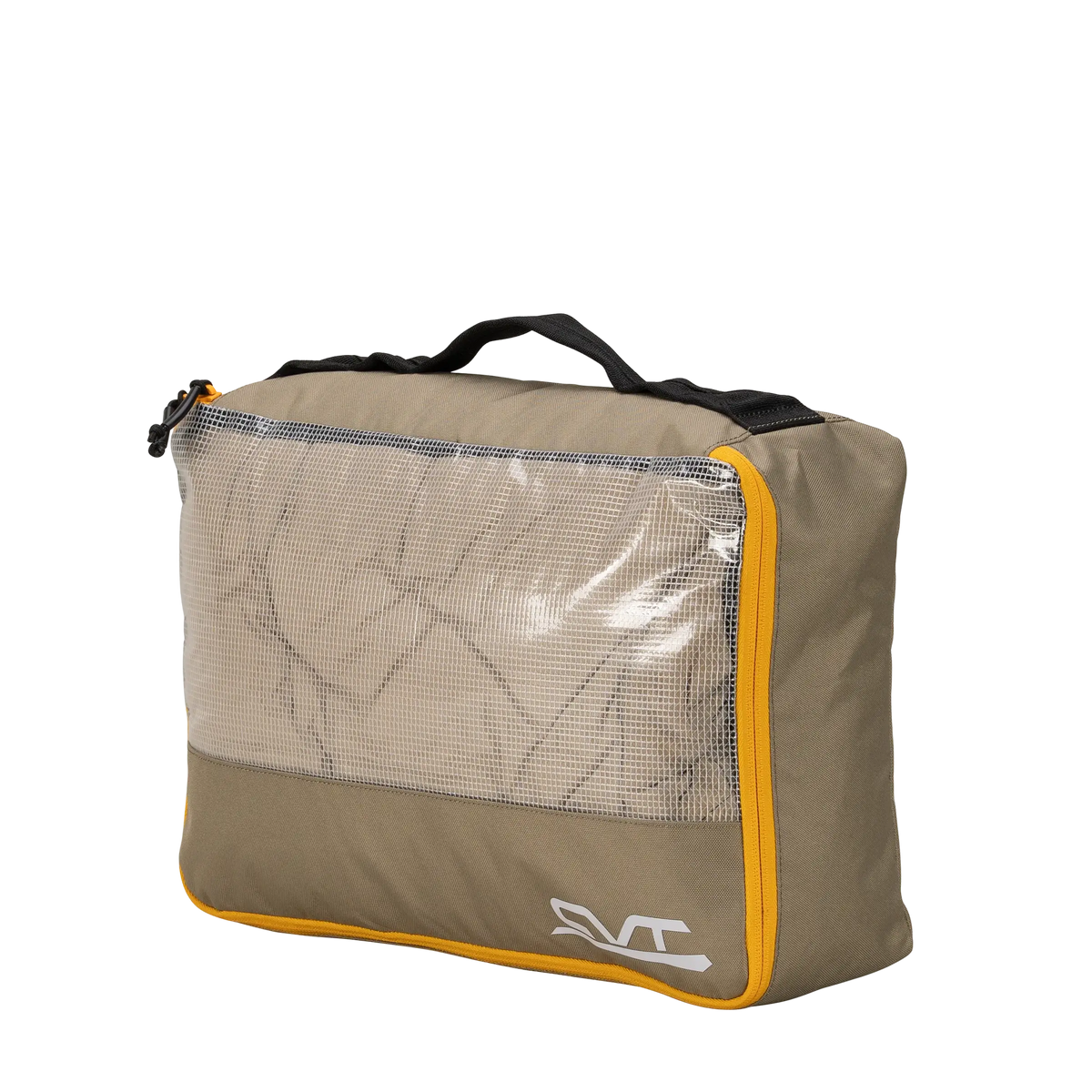 Introducing the CVT Camping Cubes™—a khaki packing cube featuring a yellow zipper, black handle, mesh front panel, and a white logo in the bottom corner. Water-resistant and thoughtfully designed, this cube keeps your gear organized while letting you easily see your folded clothing inside.