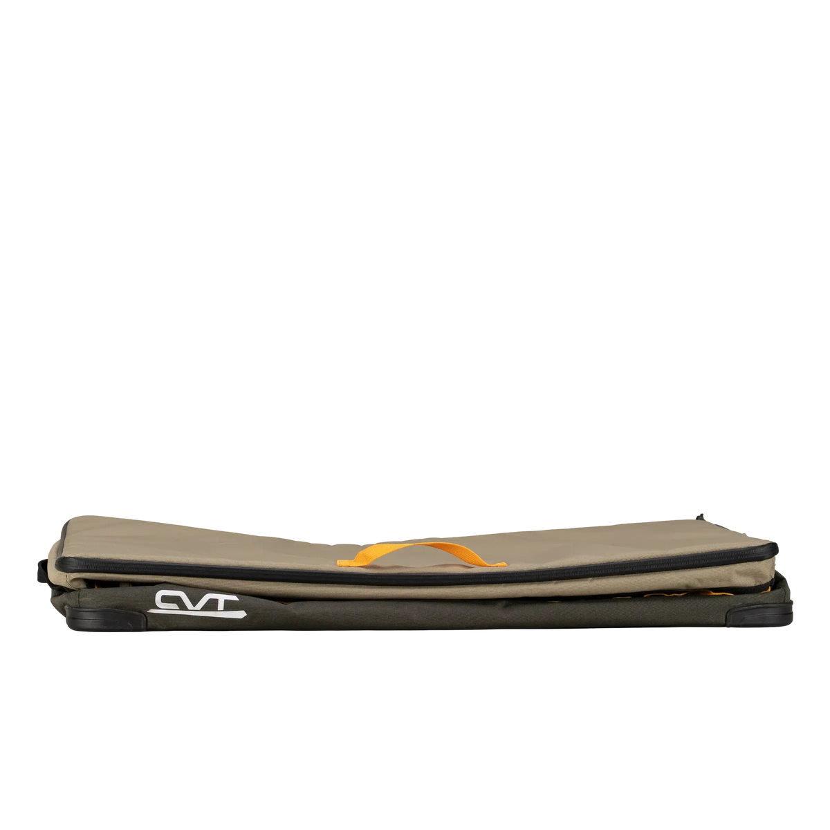 A tan, rectangular padded bag with a yellow handle and black trim lies flat with its zipper closed. The CVT Soft Side Storage™ by CVT offers convenient, collapsible storage solutions with water-resistant protection. The letters “CVT” are visible on the lower left corner.