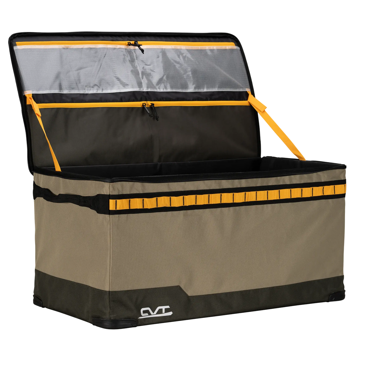 The CVT Soft Side Storage™ is a large rectangular collapsible storage box in khaki and black with yellow trim, featuring a hinged lid with a transparent panel and a small white logo on the front bottom corner—perfect for organizing your gear.