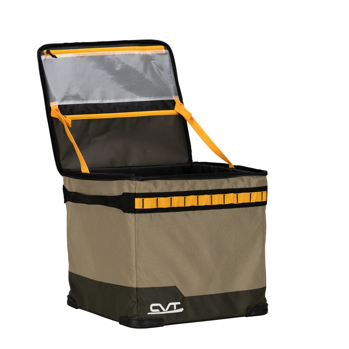 A CVT Soft Side Storage™ bin, featuring a soft-sided rectangular design with olive-green sides, yellow trim, black straps, and an open lid revealing a mesh pocket inside. This collapsible storage solution by CVT is shown against a white background.