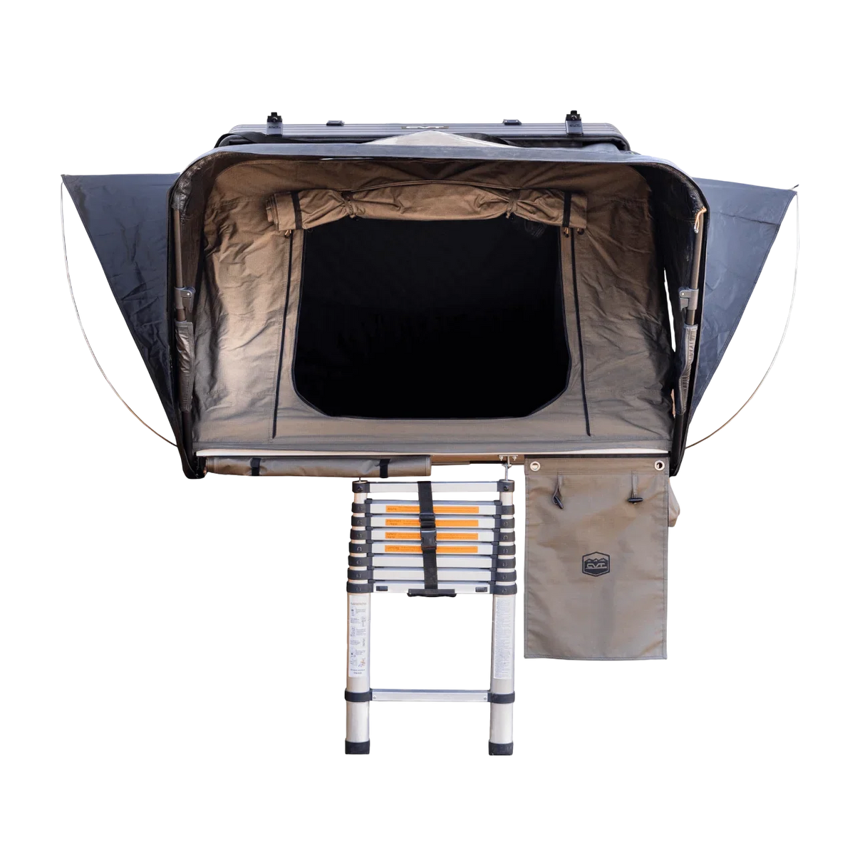 A CVT Wasatch Hardshell Tent is displayed against a plain white background, featuring an open entrance, two side flaps extended, and a collapsible ladder leading up to the tent—ideal for your next overland adventure. A storage pouch hangs on the right side.