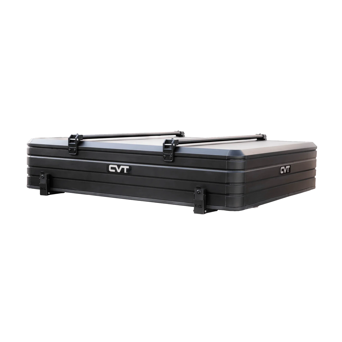 A black CVT Wasatch Hardshell Tent, featuring the CVT logo on both its side and lid, is shown closed against a white background—the ideal companion for your next overland adventure or a perfect match with other CVT gear.
