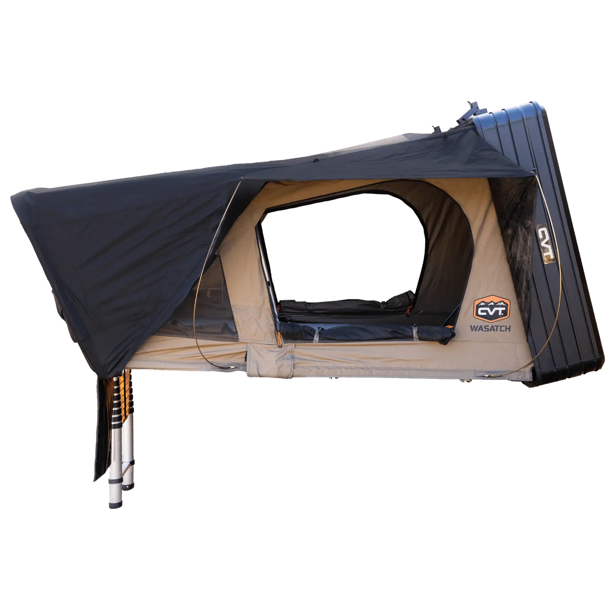 Side view of the CVT Wasatch Hardshell Tent mounted on a platform, featuring a zippered entrance, extended canopy, and sturdy support ladders—ideal for camping on vehicles and perfect for your next overland adventure.