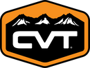 A hexagonal logo with an orange border, black background, white mountain silhouettes on top, and bold white letters CVT in the center.