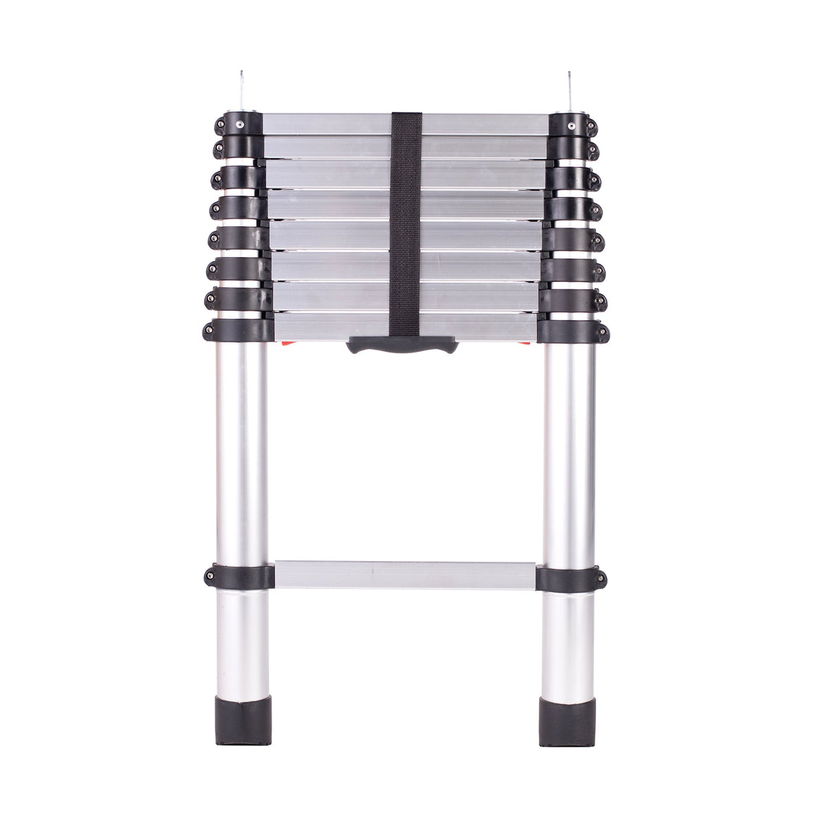 A CVT Pioneer Ladder, featuring a silver telescoping design with black connectors and secured by a black strap, stands upright on a white background—perfect for use as a tent ladder or as a replacement ladder for your camping setup.