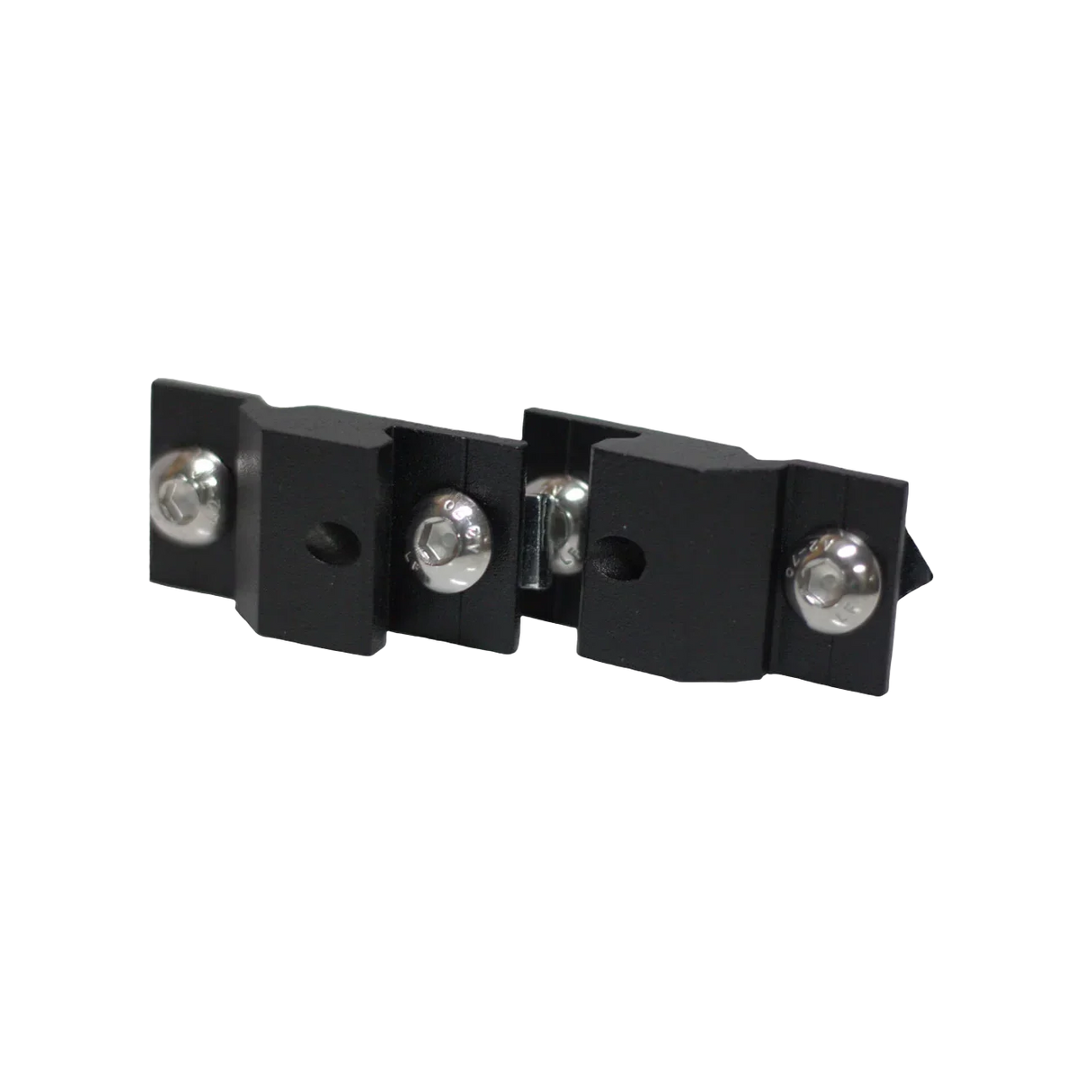 The CVT Mt. Hood Spring Rod Holder - 2 Pack features a black metal hinge with three sections, each joined by a silver screw. Perfect for use with spring rod holders or as part of your Mt. Hood tent setup, the hinge is displayed diagonally against a plain white background.