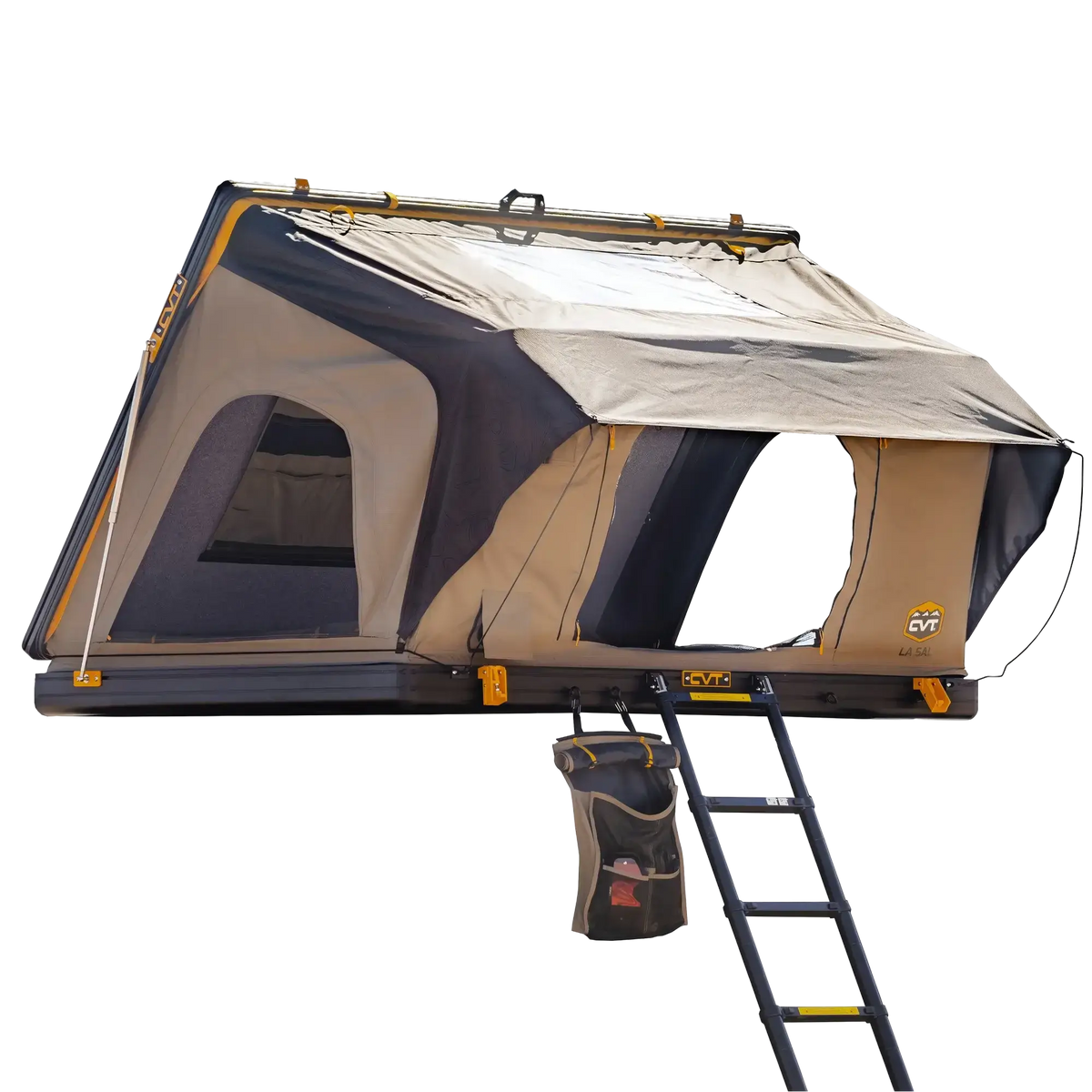 Introducing the CVT La Sal Hardshell Tent—a beige and black rooftop tent featuring a spacious comfort interior, side-open design with an open entrance and mesh windows for ventilation. Mounted on a sturdy platform, it includes a convenient ladder for access and a hanging storage bag below the entrance for added organization.