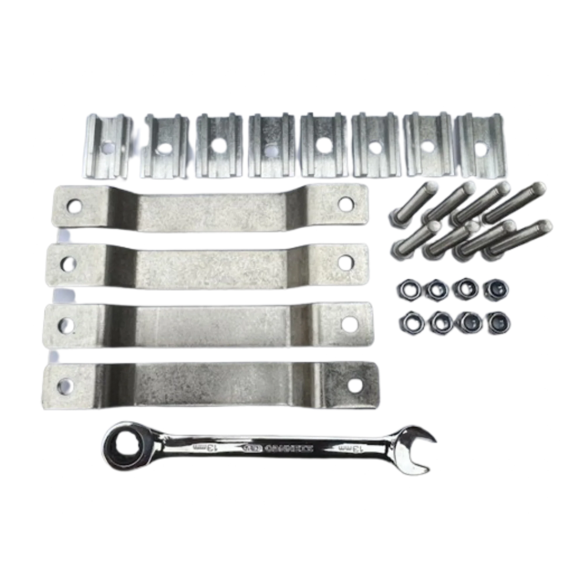 CVT Mt. Hood/La Sal Mounting Kit components—including metal brackets, bolts, nuts, washers, and a single open-end wrench—arranged neatly on a white background; ideal for rooftop tent replacement needs.