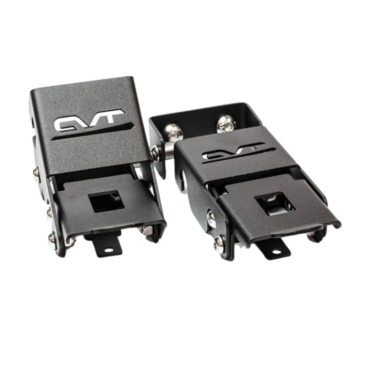 Two black metal Mt. Hood/La Sal Latch brackets by CVT, each featuring cut-out CVT logos, rectangular slots, and screws—perfect as replacement tent latches for your Mt. Hood or La Sal tent—displayed on a white background.