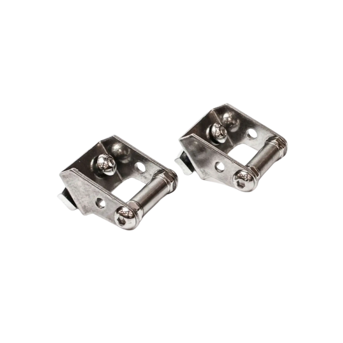 Two small, silver metal Mt. Hood Ladder Brackets by CVT, featuring cylindrical pins and screw holes and shown side by side on a white background, are perfect as retractable ladder support components or rooftop tent bracket accessories.