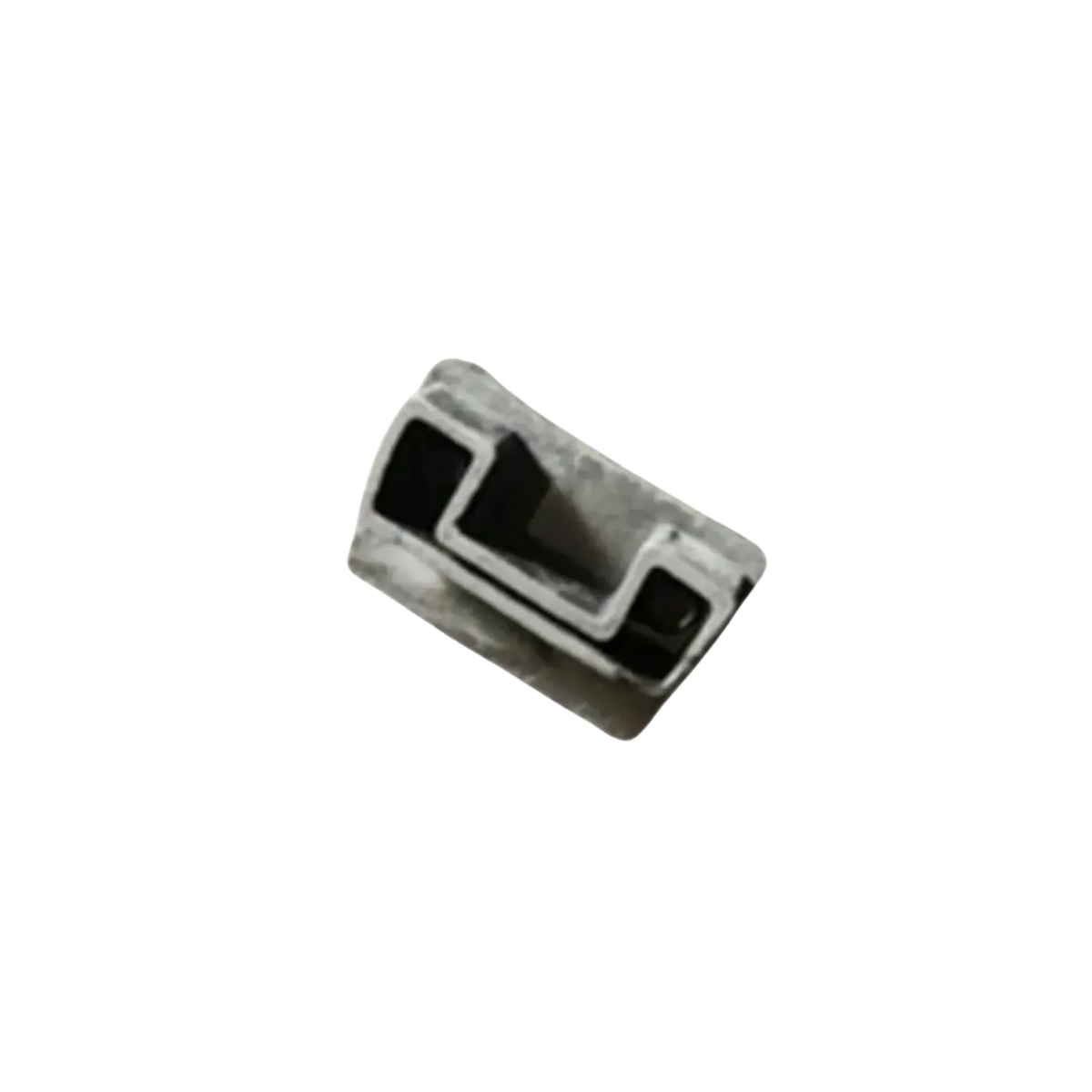 A small, metallic CVT Pioneer Mounting Rail End Cap featuring a raised, angular black geometric design on its surface, designed as a protective seal for rooftop tent systems and photographed against a plain white background.
