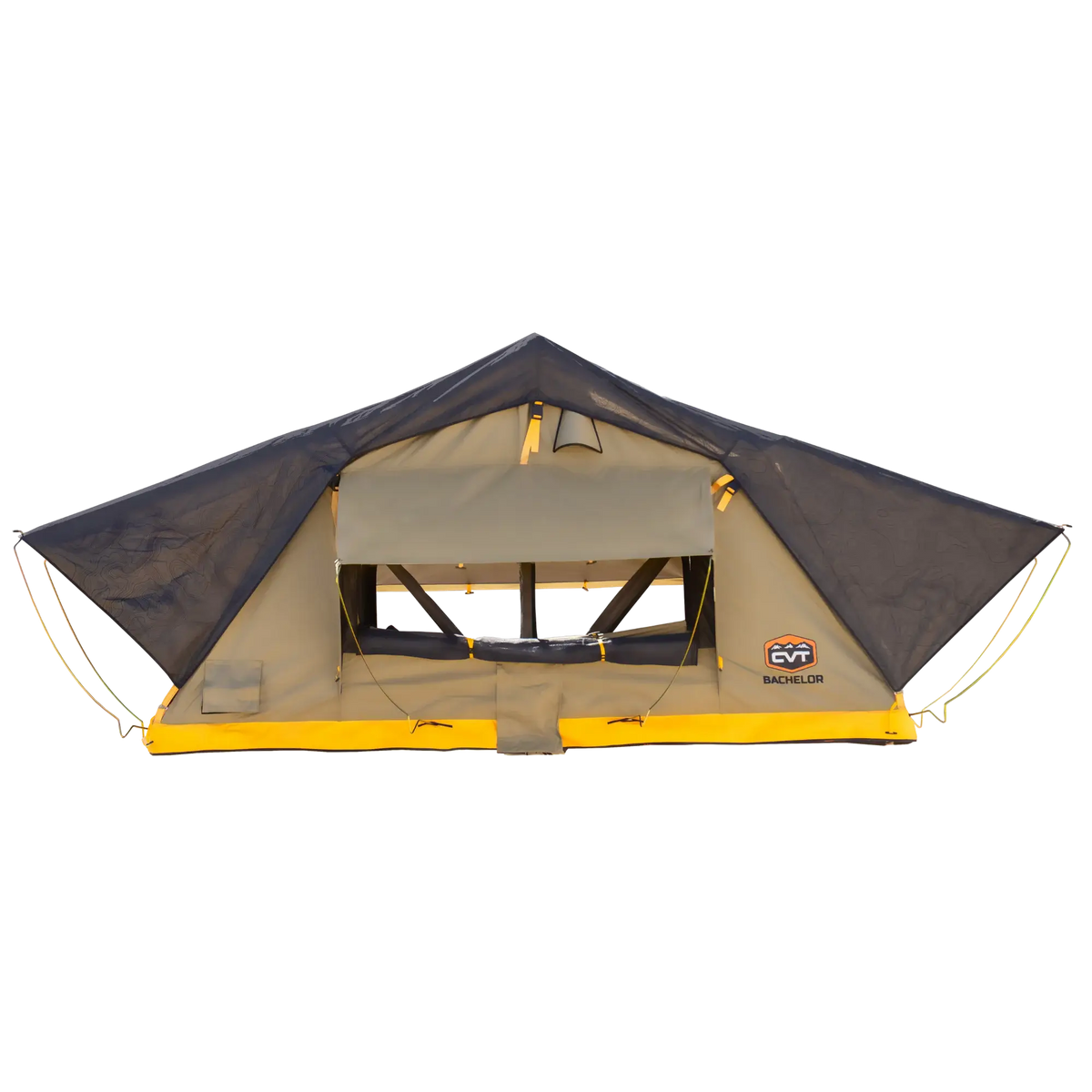 A yellow and gray CVT Pioneer 2 Softshell Tent with mesh windows is set up on a flat surface, featuring the CVT logo on the lower right corner—perfect for overland adventures.