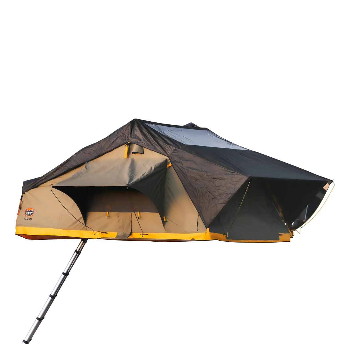 The CVT Pioneer 2 Softshell Tent features a tan and black cover with yellow trim, two awning-style windows, and an access ladder, making it ideal for mounting on your vehicle roof for overland adventures.