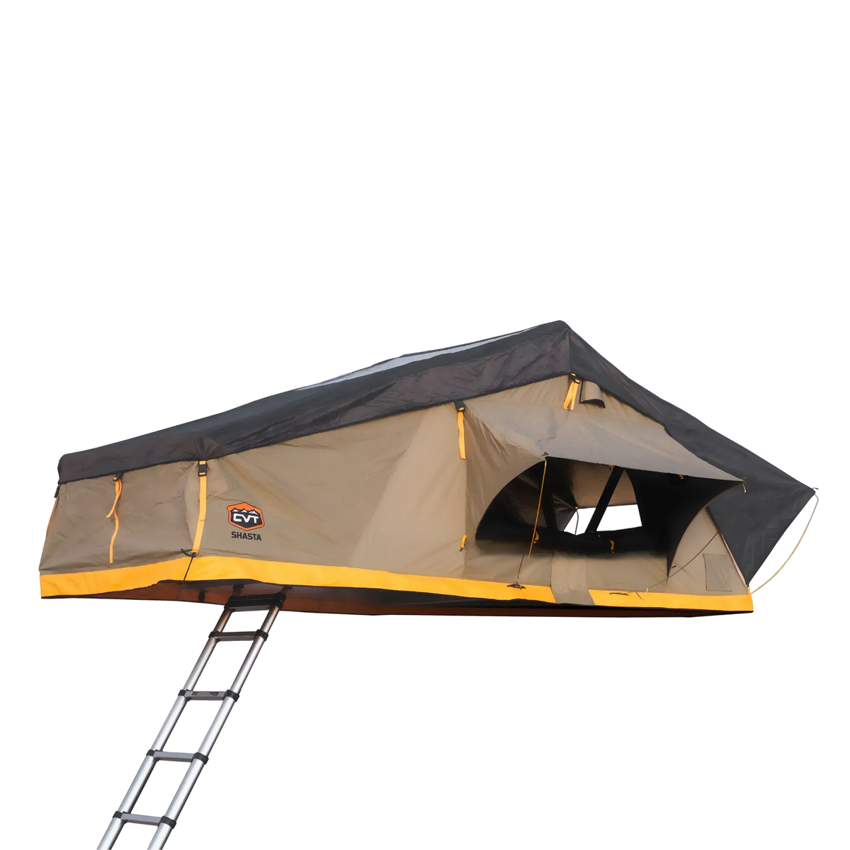 The CVT Pioneer 2 Softshell Tent is mounted on a vehicle and features a ladder leading up to its open entrance. This tan tent, accented with yellow and black, has a partially open window flap—making it an ideal setup for overland adventures.
