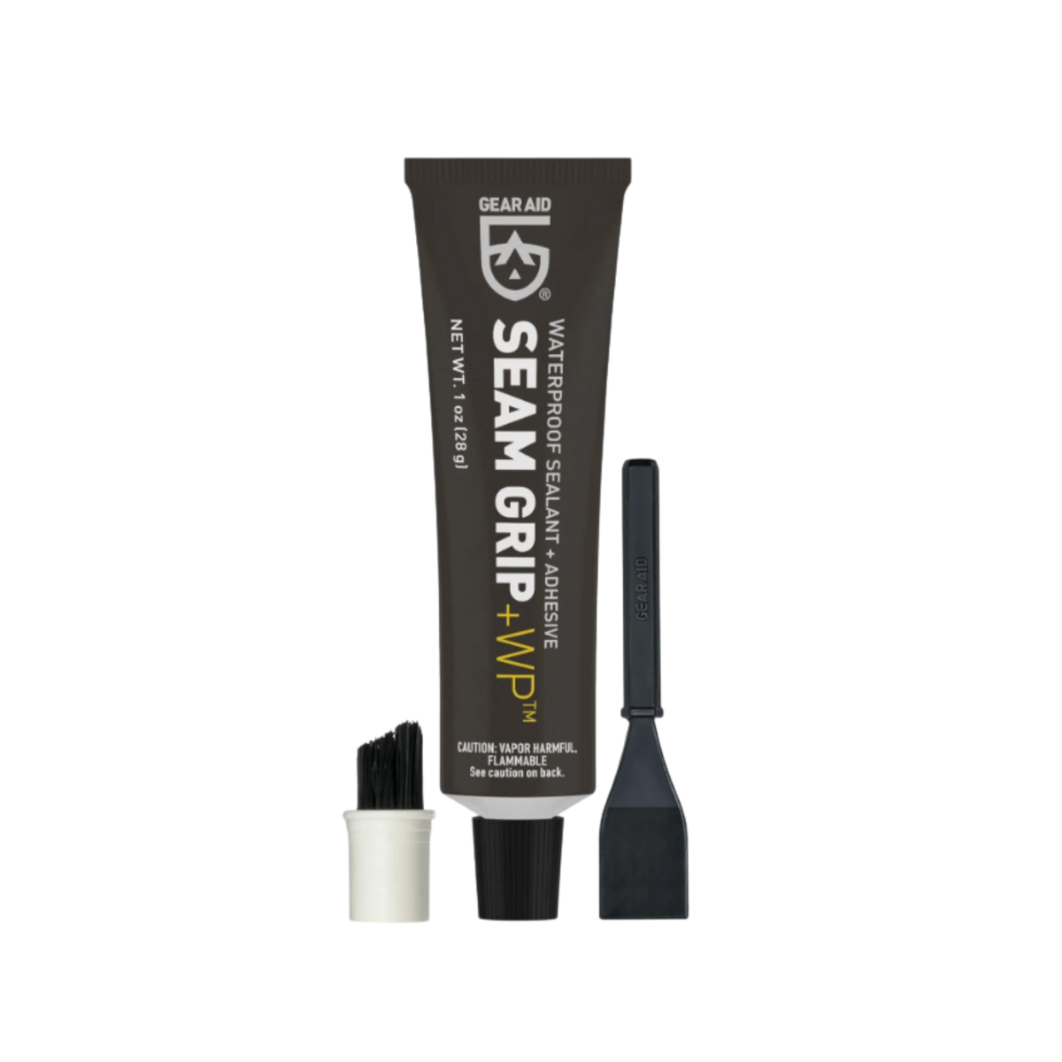 A tube of GEAR AID Seam Sealant Kit for tent repair, featuring a black applicator brush, a white cap, and a black spatula, all displayed on a white background.