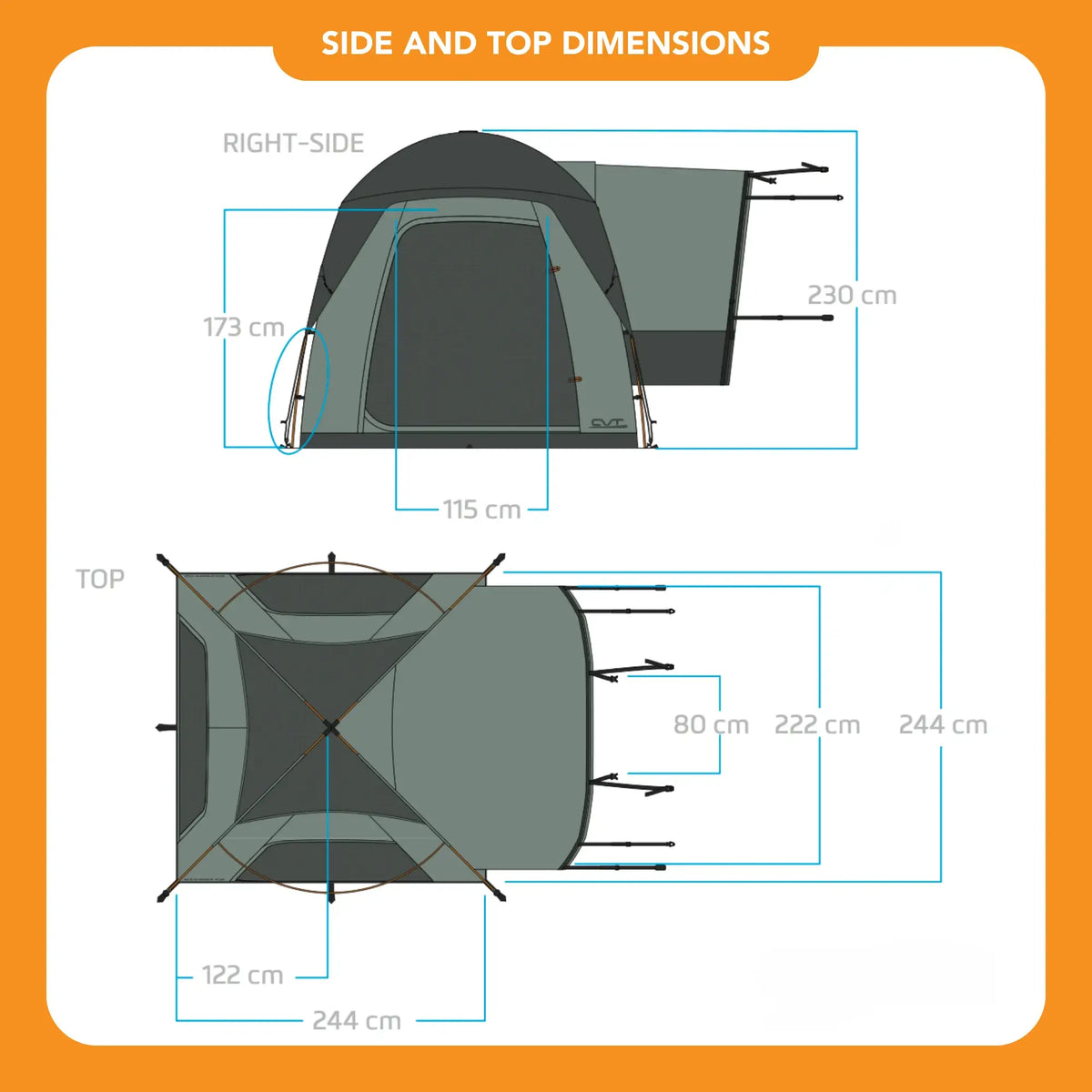 Diagram showing side and top views of the CVT Timber Creek SUV Tent with dimensions labeled: height 173 cm, length 230 cm, width 244 cm, main entry 115 cm, and vestibule areas measuring 80 x 122 cm and 222 cm. This versatile dome-style design from CVT is ideal for overlanders or as an SUV tent setup.