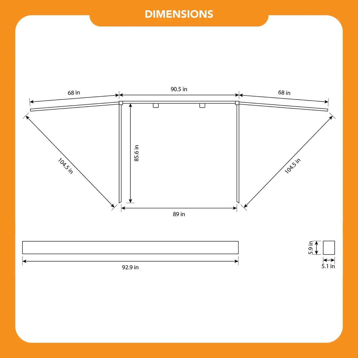 Technical drawing of the CVT 180 Degree Awning, a rectangular outdoor shelter with labeled dimensions: 90.5 in width, 92.9 in depth, 85.6 in height, side lengths of 104.5 in, and a leg thickness of 5.1 in. An orange DIMENSIONS header appears at the top—perfect for planning instant shade setups or enhancing your outdoor space.