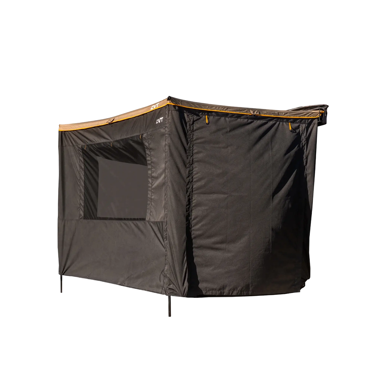 The CVT 270 Degree Awning Wall is a rectangular black canopy with a brown trim, featuring one large window and extended side panels for enhanced weather protection and versatility—ideal for use as a camping awning wall. Shown against a plain white background.
