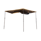 A freestanding CVT 270 Degree Awning with four black poles and a fabric roof, designed for shade or shelter. Featuring a batwing design, the awning is set up on a plain, light background.