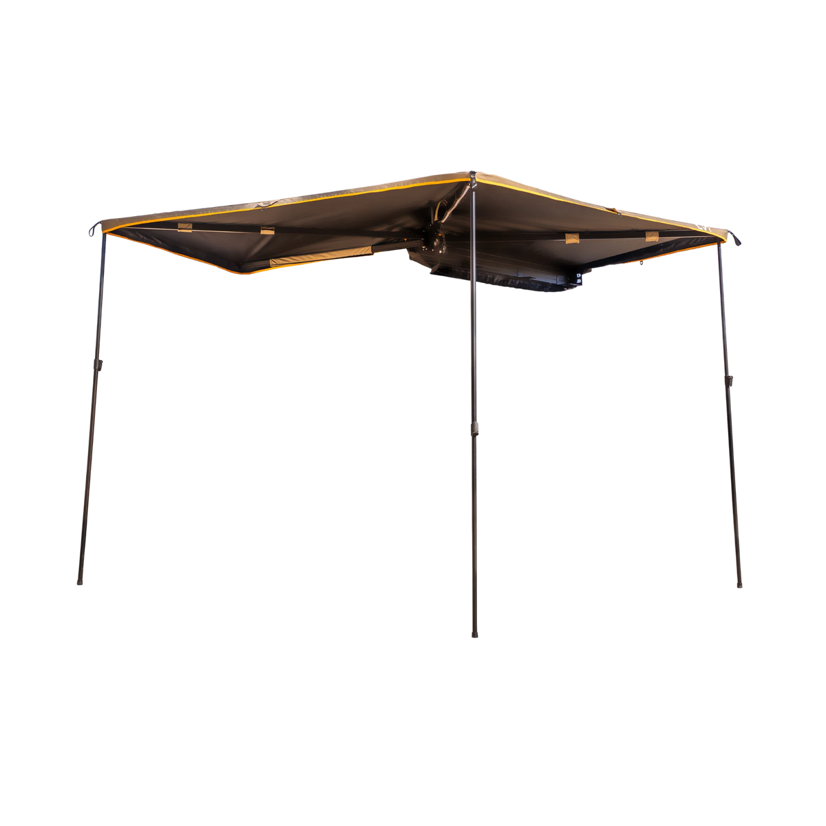 A CVT 270 Degree Awning with a batwing design, featuring a large rectangular shape, yellow trim, and four black metal legs, is displayed against a white background.