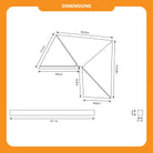 Technical drawing of a geometric structure with various labeled dimensions in inches, featuring side, top, and square corner views—ideal for visualizing the CVT 270 Degree Awning—all displayed on a white background with an orange header titled DIMENSIONS.