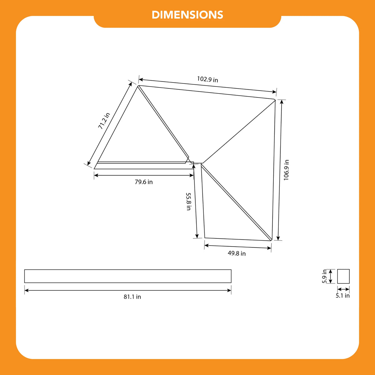 Technical drawing of a geometric structure with various labeled dimensions in inches, featuring side, top, and square corner views—ideal for visualizing the CVT 270 Degree Awning—all displayed on a white background with an orange header titled DIMENSIONS.