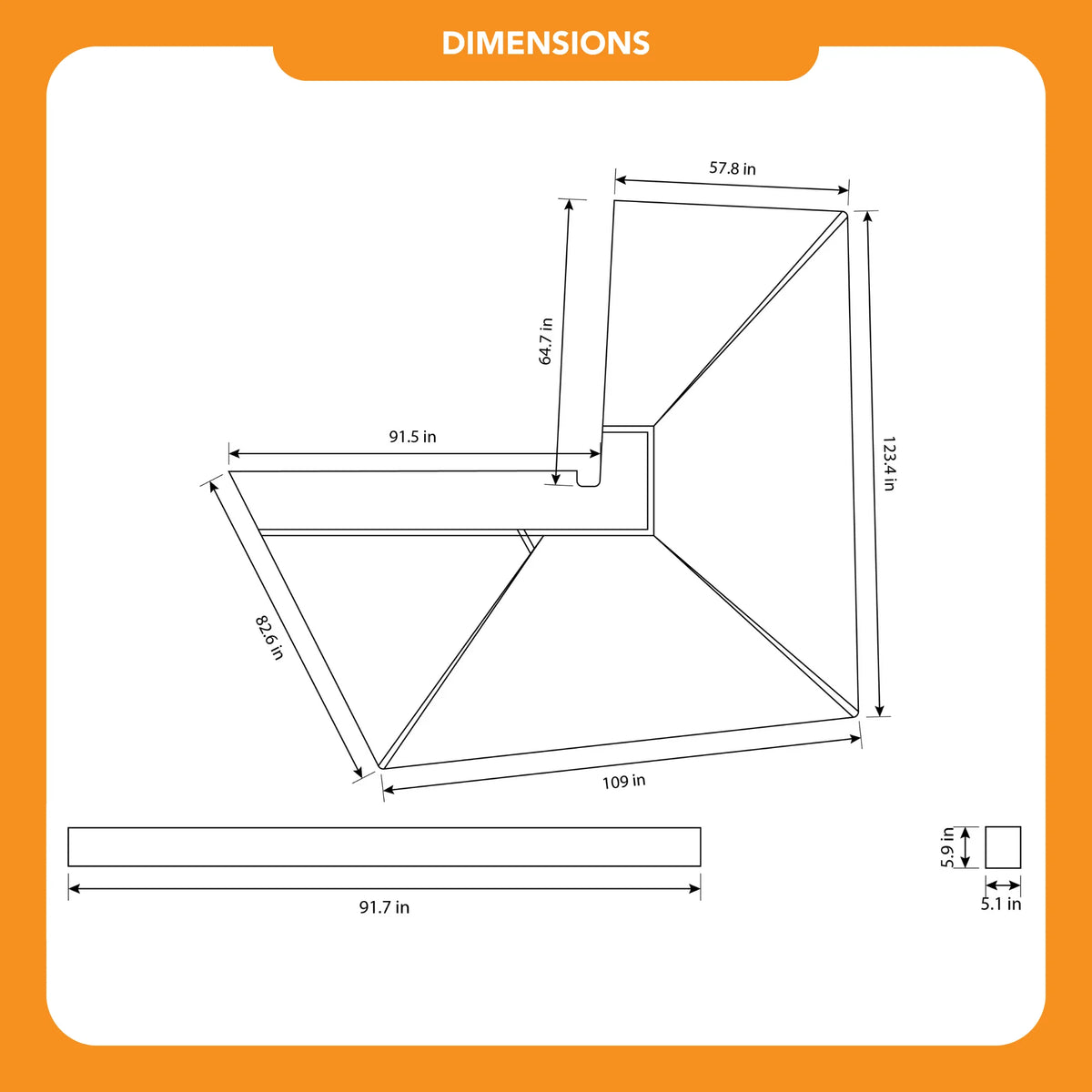 Technical illustration of the CVT 270 Degree Awning, displaying a geometric outline with clearly labeled dimensions in inches: 109, 91.7, 57.8, 64.7, and 123.4. The image presents a clean white background and an orange header titled “DIMENSIONS,” reflecting the organized format typical of awning or batwing design diagrams.
