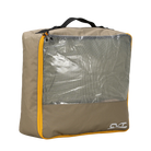 A square beige Camping Cubes™ by CVT, featuring a black handle, yellow zipper, mesh and clear plastic front panel, and a white CVT logo in the corner, set against a white background—perfect for water-resistant gear organization on your next adventure.