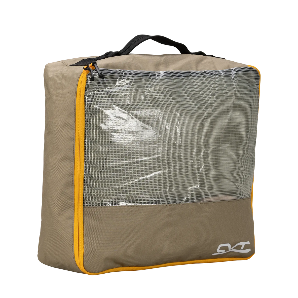 A square beige Camping Cubes™ by CVT, featuring a black handle, yellow zipper, mesh and clear plastic front panel, and a white CVT logo in the corner, set against a white background—perfect for water-resistant gear organization on your next adventure.