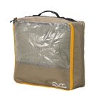 A square beige Camping Cubes™ travel packing cube by CVT, featuring a yellow zipper, mesh front, clear plastic window, top handle, and a white CVT logo in the bottom right corner—ideal for organizing gear and keeping your essentials water-resistant on any adventure.