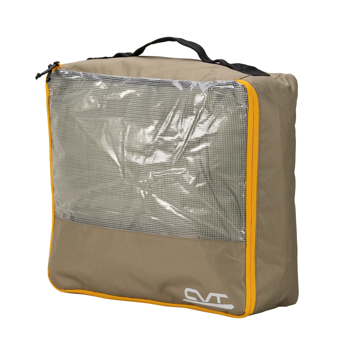 A square beige Camping Cubes™ travel packing cube by CVT, featuring a yellow zipper, mesh front, clear plastic window, top handle, and a white CVT logo in the bottom right corner—ideal for organizing gear and keeping your essentials water-resistant on any adventure.