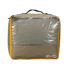 The Camping Cubes™ by CVT is a square, tan-colored zippered bag featuring a transparent front panel, orange trim, a black top handle, and the white CVT logo in the lower right corner. Designed for efficient gear organization, this water-resistant bag appears to be empty or lightly filled.
