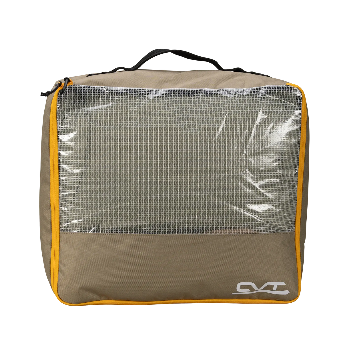 The Camping Cubes™ by CVT is a square, tan-colored zippered bag featuring a transparent front panel, orange trim, a black top handle, and the white CVT logo in the lower right corner. Designed for efficient gear organization, this water-resistant bag appears to be empty or lightly filled.