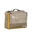 A khaki CVT Camping Cubes™ packing cube featuring a black handle, yellow trim, and a clear mesh front panel that reveals neatly folded beige fabric inside—ideal for organizing your gear and perfect as one of your camping cubes with its water-resistant design.