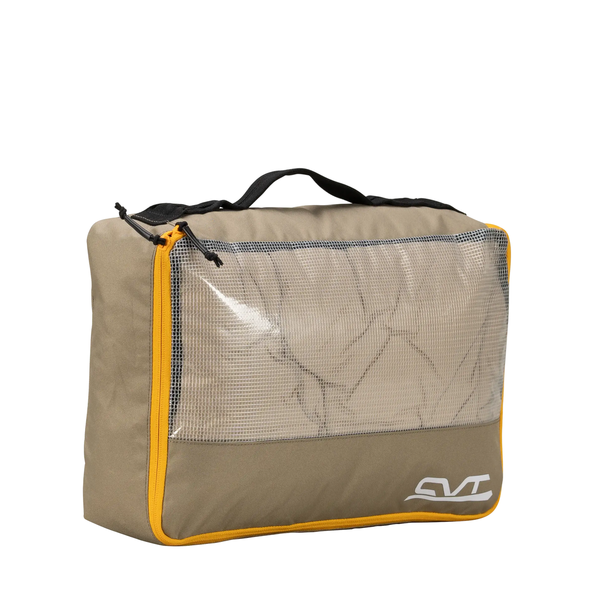 A khaki CVT Camping Cubes™ packing cube featuring a black handle, yellow trim, and a clear mesh front panel that reveals neatly folded beige fabric inside—ideal for organizing your gear and perfect as one of your camping cubes with its water-resistant design.