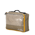 Introducing the CVT Camping Cubes™—a khaki packing cube featuring a yellow zipper, black handle, mesh front panel, and a white logo in the bottom corner. Water-resistant and thoughtfully designed, this cube keeps your gear organized while letting you easily see your folded clothing inside.