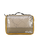 The Camping Cubes™ by CVT is a rectangular olive-green packing cube featuring a black handle, yellow trim, and a clear mesh front that reveals neatly folded clothes inside. Designed for optimal gear organization while camping, this water-resistant cube displays a white CVT logo in the bottom right corner.