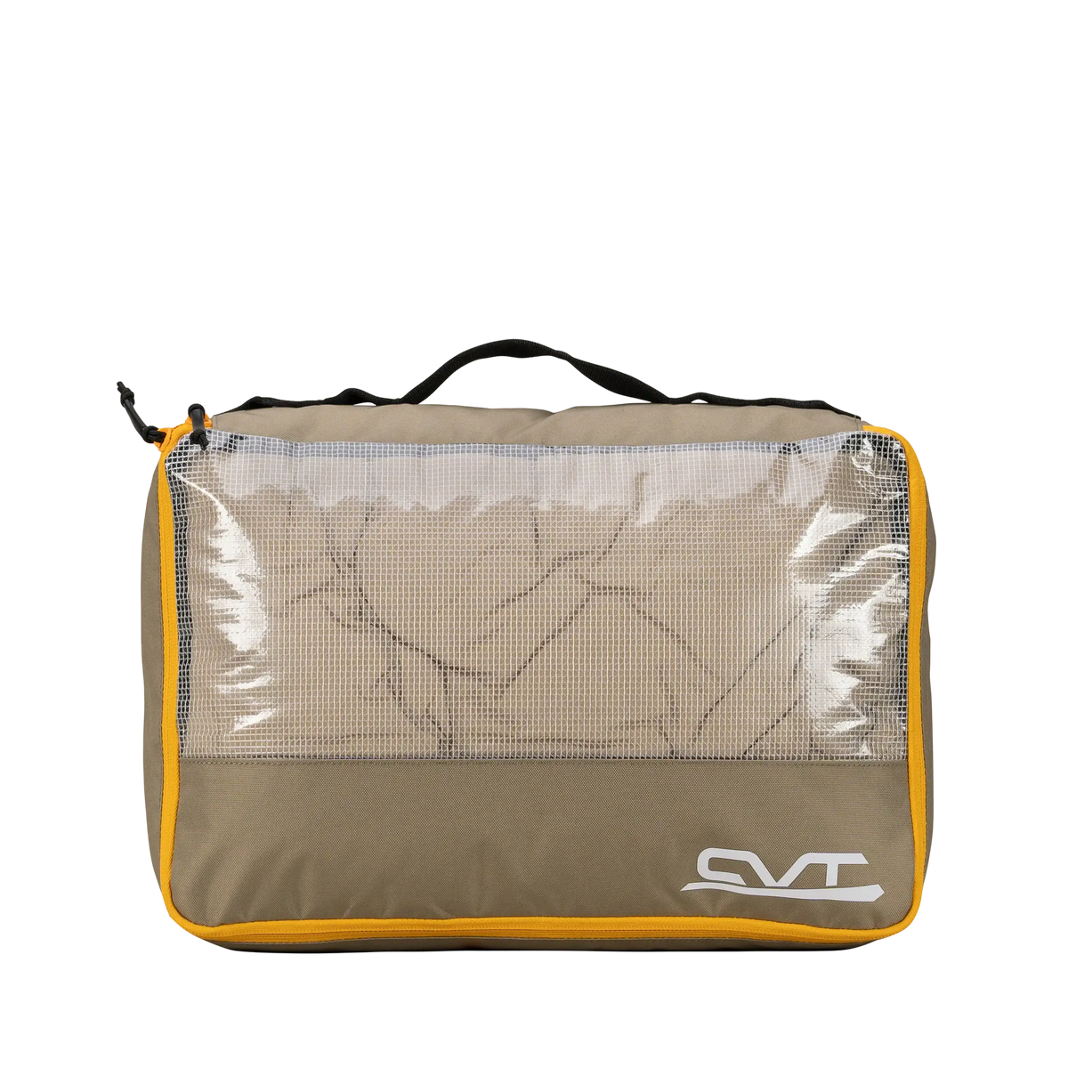 The Camping Cubes™ by CVT is a rectangular olive-green packing cube featuring a black handle, yellow trim, and a clear mesh front that reveals neatly folded clothes inside. Designed for optimal gear organization while camping, this water-resistant cube displays a white CVT logo in the bottom right corner.