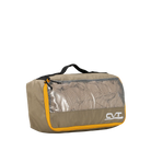 The CVT Camping Cubes™ travel organizer bag features a tan exterior with yellow trim, a black handle, and a mesh zippered front pocket for efficient gear organization. A white CVT logo is printed on the bottom right corner of the bag. Made from water-resistant material, this organizer is ideal for outdoor adventures or use as camping cubes. The product is presented against a plain white background.