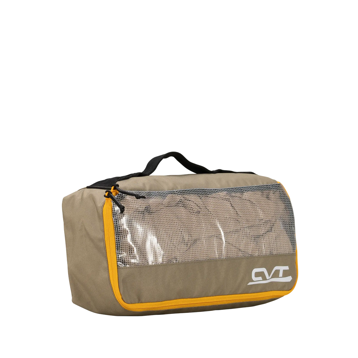 The CVT Camping Cubes™ travel organizer bag features a tan exterior with yellow trim, a black handle, and a mesh zippered front pocket for efficient gear organization. A white CVT logo is printed on the bottom right corner of the bag. Made from water-resistant material, this organizer is ideal for outdoor adventures or use as camping cubes. The product is presented against a plain white background.