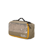 A CVT Camping Cubes™ organizer in khaki features a black handle, yellow zipper trim, and a mesh front panel that shows folded clothes inside. Ideal for organizing gear, this packing cube displays the white CVT logo on the bottom right corner.