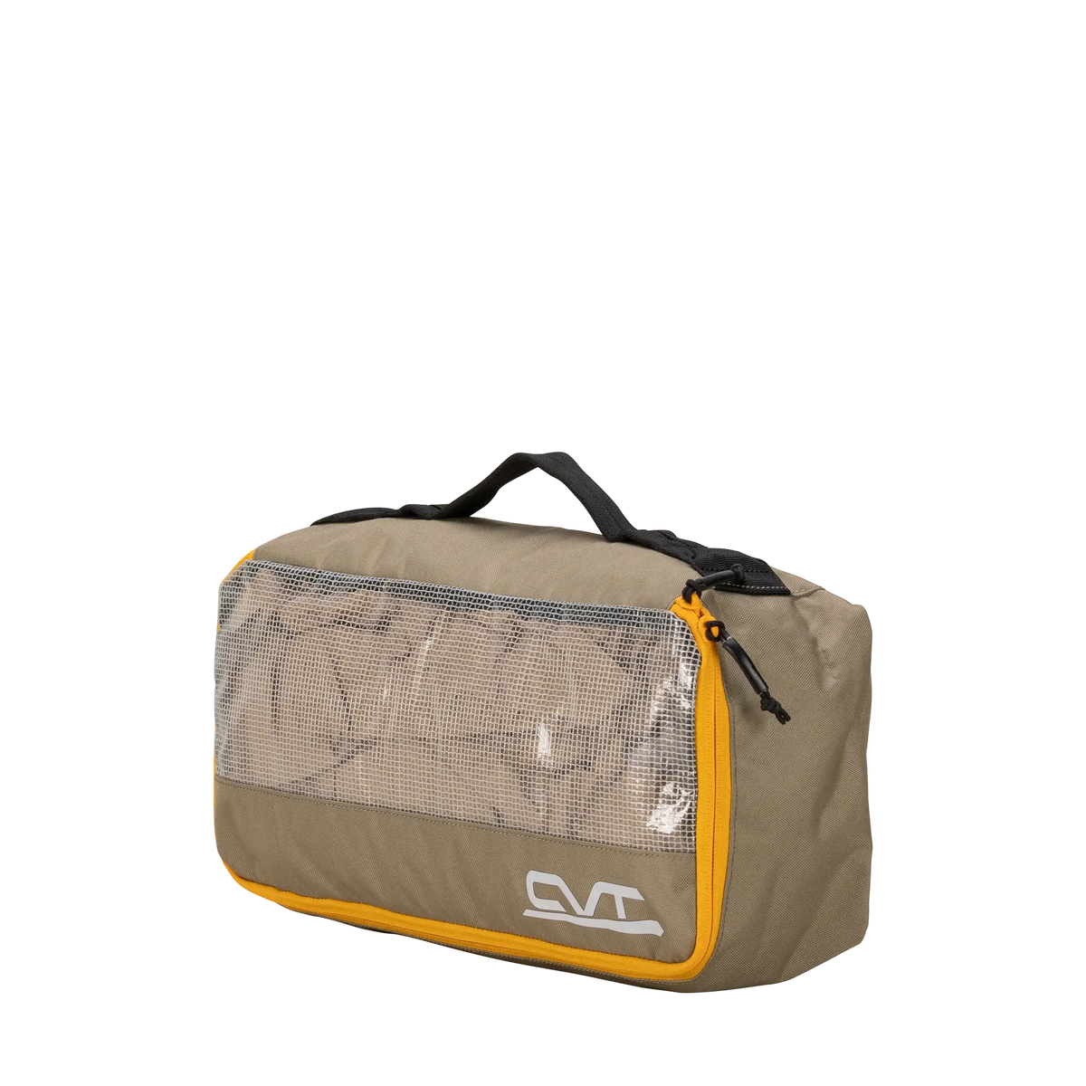 A CVT Camping Cubes™ organizer in khaki features a black handle, yellow zipper trim, and a mesh front panel that shows folded clothes inside. Ideal for organizing gear, this packing cube displays the white CVT logo on the bottom right corner.