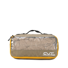 The CVT Camping Cubes™ is a rectangular storage bag made from khaki and yellow fabric, featuring a transparent top panel for easy viewing of contents, a sturdy black carrying handle, and a white CVT logo on the front corner. Ideal for organizing your gear, this bag combines style with practical convenience.