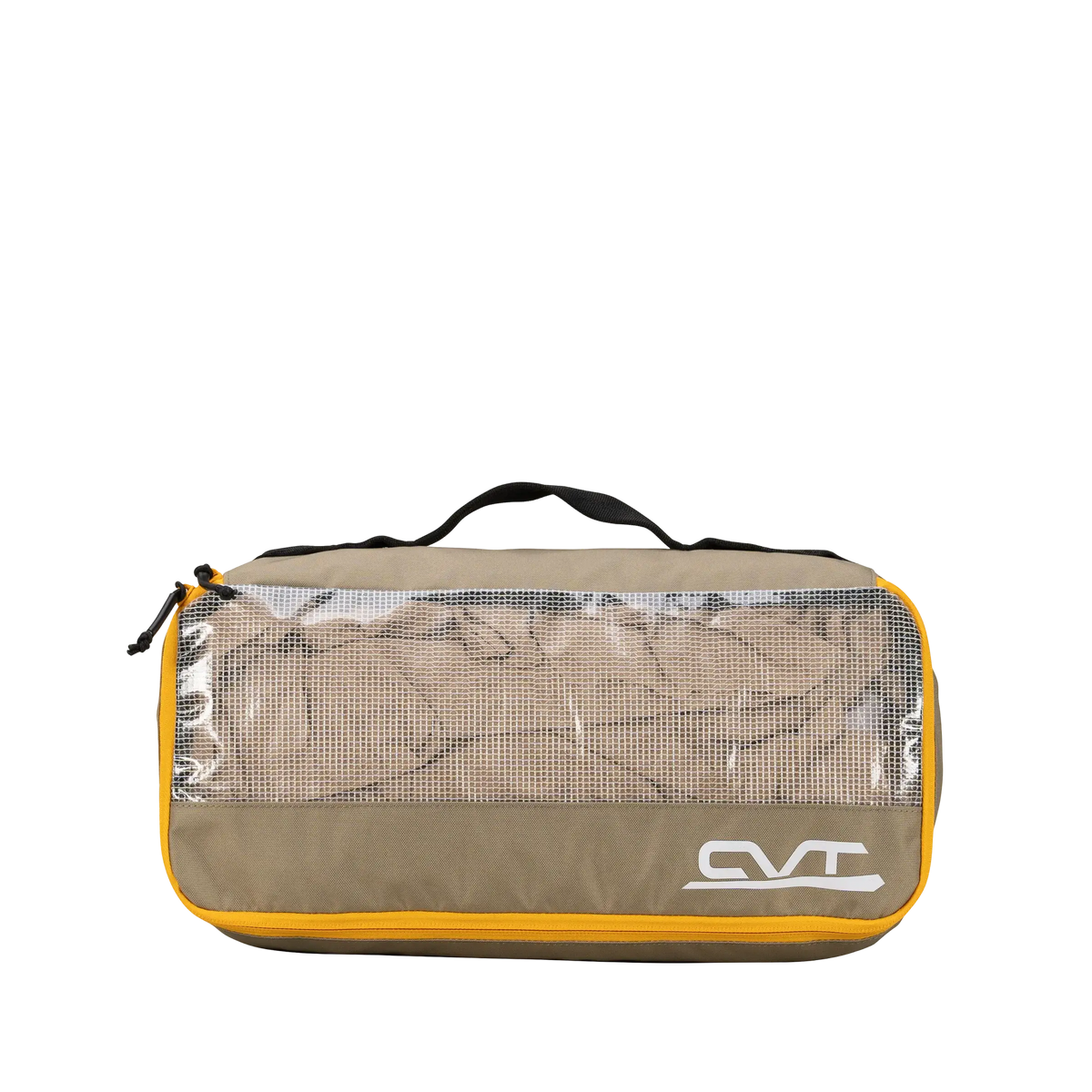The CVT Camping Cubes™ is a rectangular storage bag made from khaki and yellow fabric, featuring a transparent top panel for easy viewing of contents, a sturdy black carrying handle, and a white CVT logo on the front corner. Ideal for organizing your gear, this bag combines style with practical convenience.