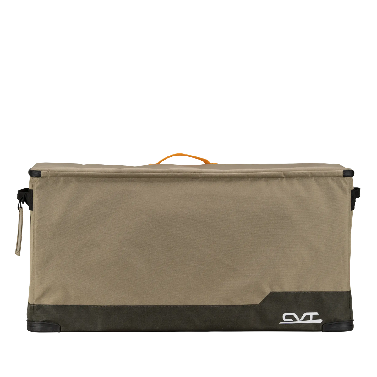 A rectangular khaki and dark green CVT Soft Side Storage™ bag featuring a zippered lid, black corner reinforcements, an orange top handle, and a white CVT logo in the lower right corner. This water-resistant storage solution is perfect for keeping your essentials organized and protected.