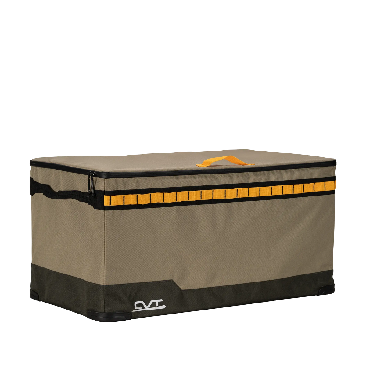 A rectangular, khaki-colored CVT Soft Side Storage™ box featuring water-resistant material, a dark green base, black zipper, yellow handle and trim, and a small white CVT logo on the lower left side.