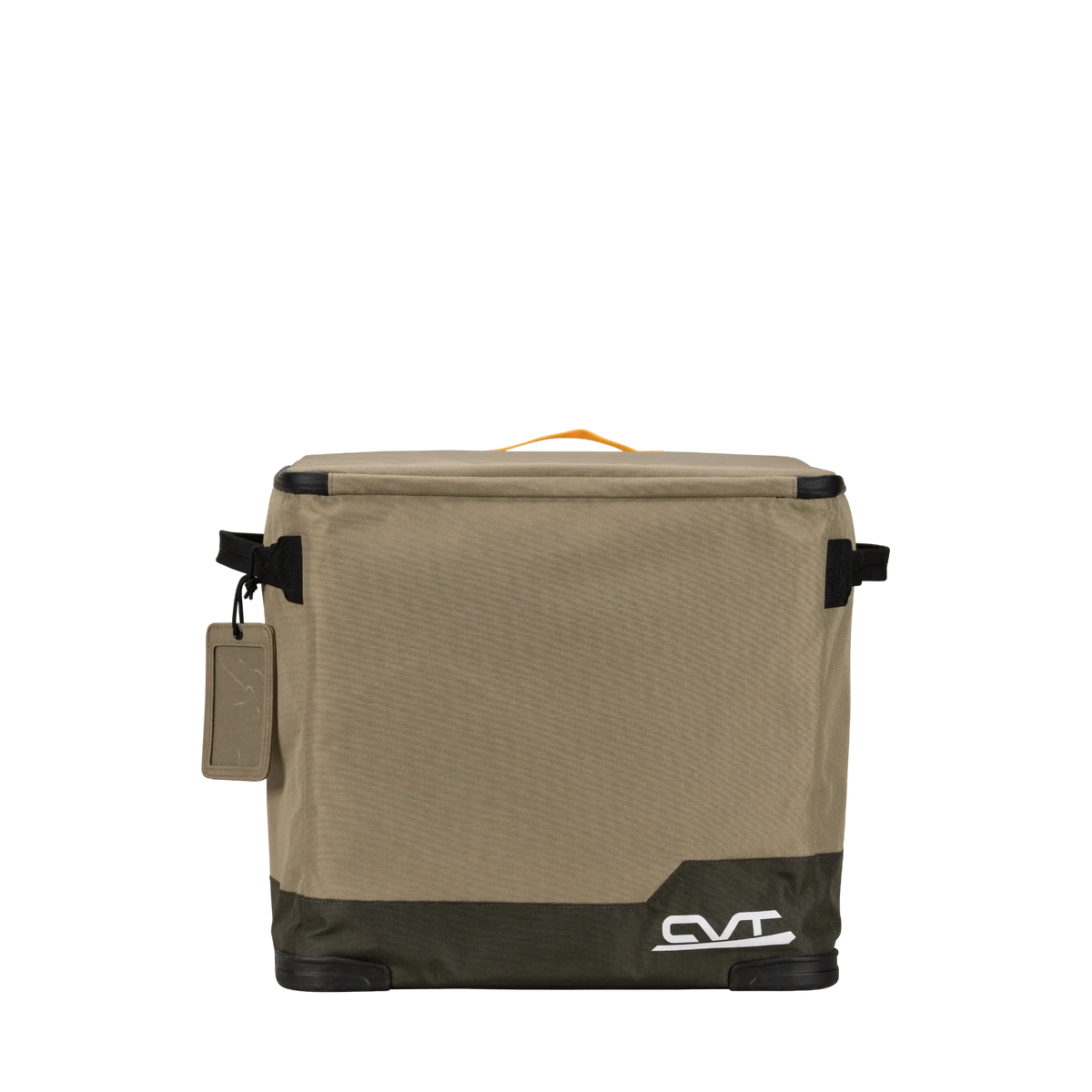 A beige and dark green CVT Soft Side Storage™ cooler featuring a top handle, black corner accents, a left-side tag, and a white CVT logo at the bottom right, designed for collapsible and water-resistant storage needs, displayed against a plain white background.