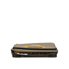 A flat, closed Soft Side Storage™ suitcase by CVT is shown in olive green with a yellow handle and black trim, resting on a white background. The visible zipper highlights its compact and lightweight design, making it an ideal choice for collapsible storage.